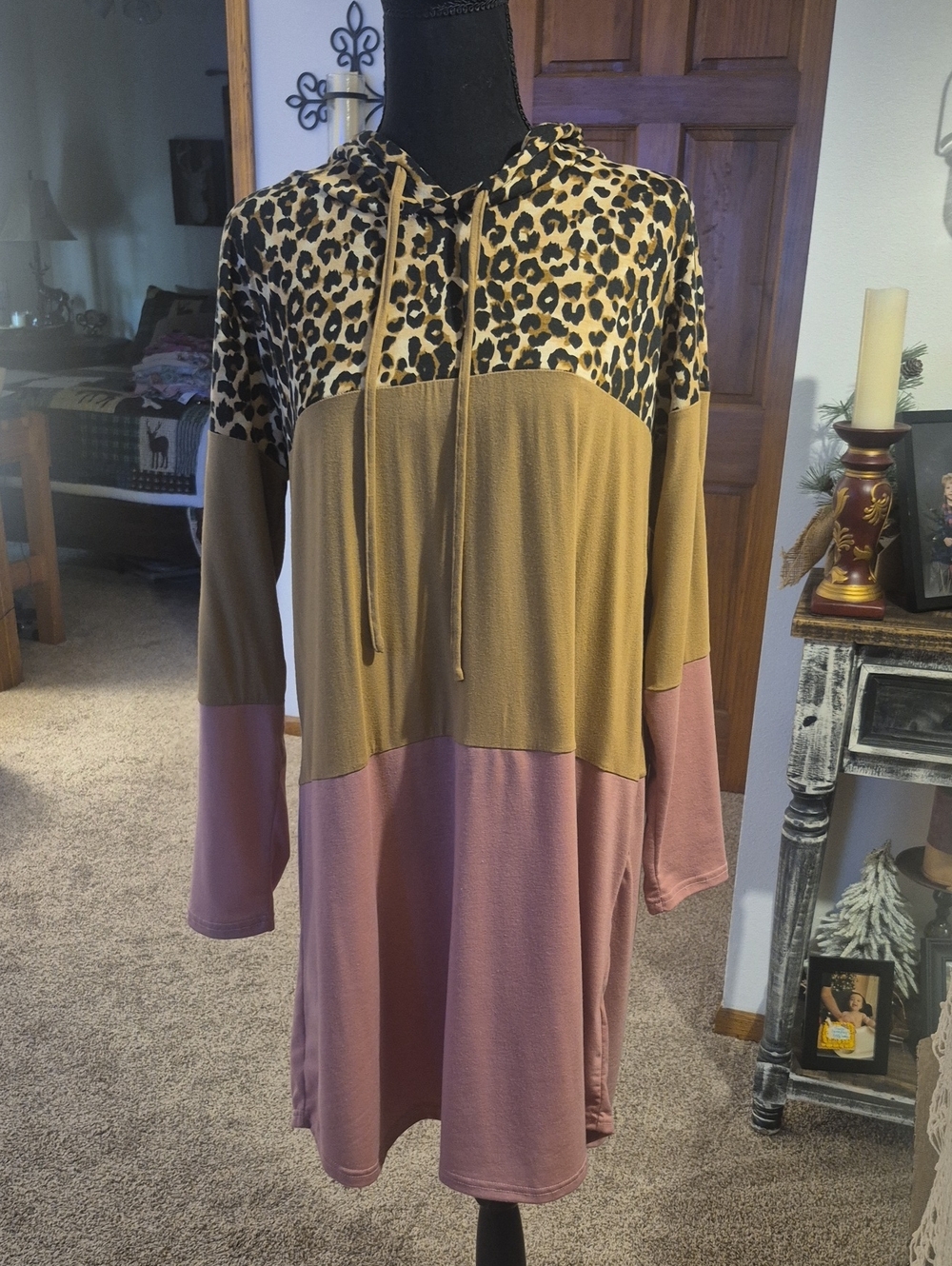 Leopard Panel Hooded Colorblock Midi Dress - Mustard & Mauve